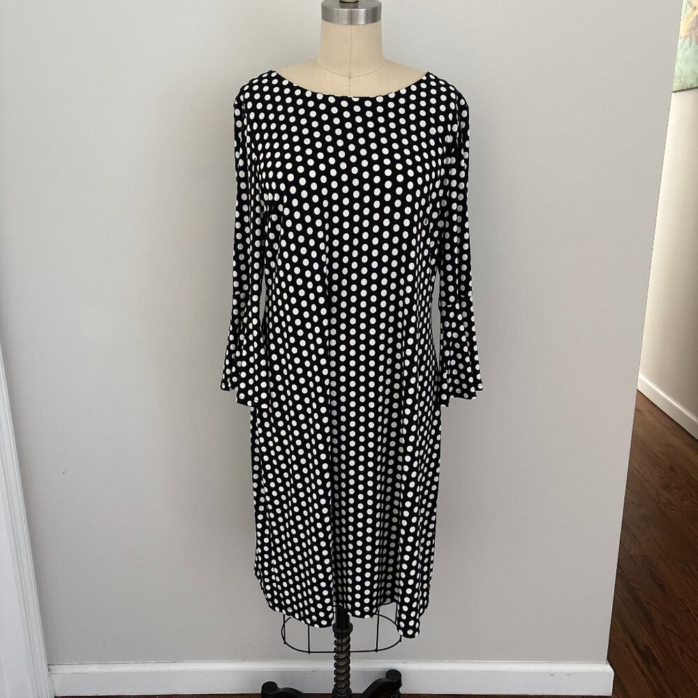 Tommy Hilfiger Polka Dot Dress Black White 3/4 Bell Flutter Sleeves Boat Neck 12